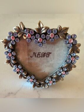 Vintage Mini Heart Rhinestone Photo Frame - Bronze Metal Floral Pastel Bling